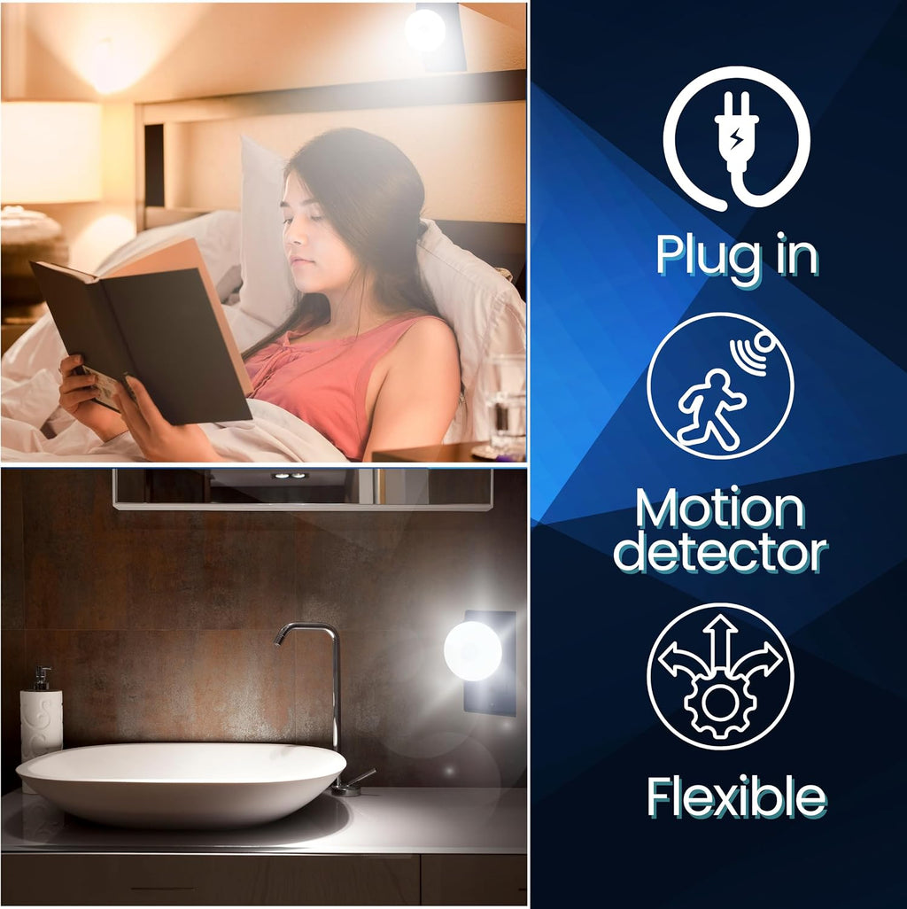 Bright Night Sensor Light LED Motion and Light Sensor AC Outlet Plug-in Flexible Neck Rotatable PIR Automatic Lamp Dusk to Dawn 5W 6500K