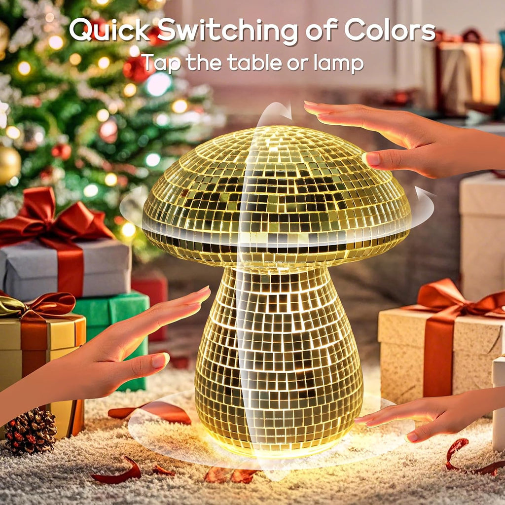 Mushroom Table Lamp Decor Light: Disco Glass Bedside Table Lamp with Rechargeable Cordless Touch - 5 Colors, 2 Mood Lighting - Cute Nightstand Lamp for Ambient, Kids, Bedroom, Living, Girl Gift