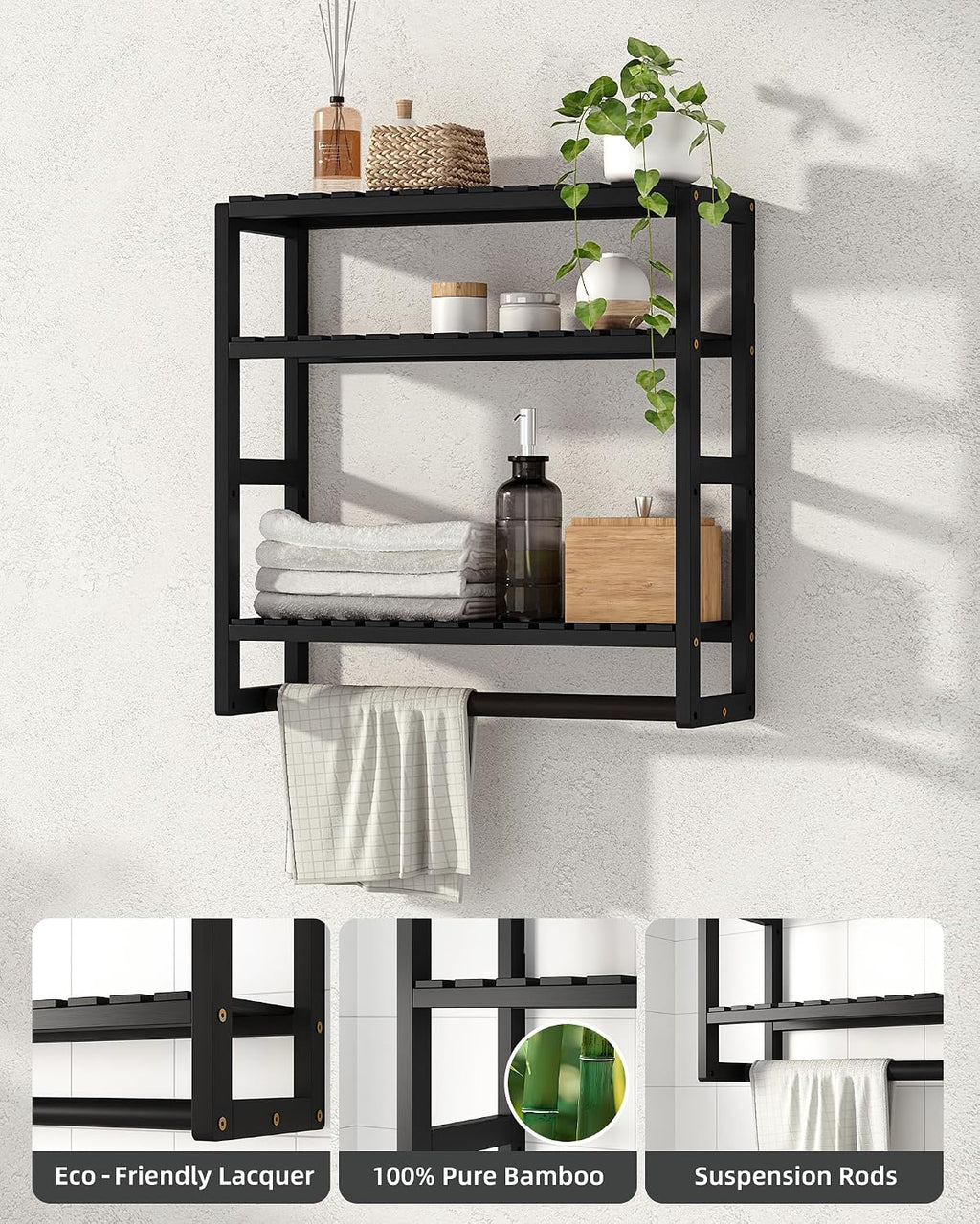 Galood Over The Toilet Storage Bathroom Shelves Wall Mounted 3 Tier Black-L