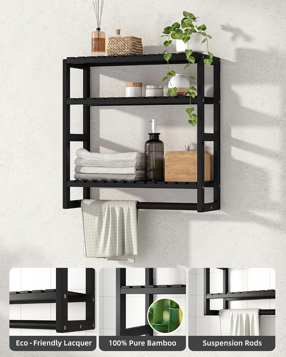Galood Over The Toilet Storage Bathroom Shelves Wall Mounted 3 Tier Black-L