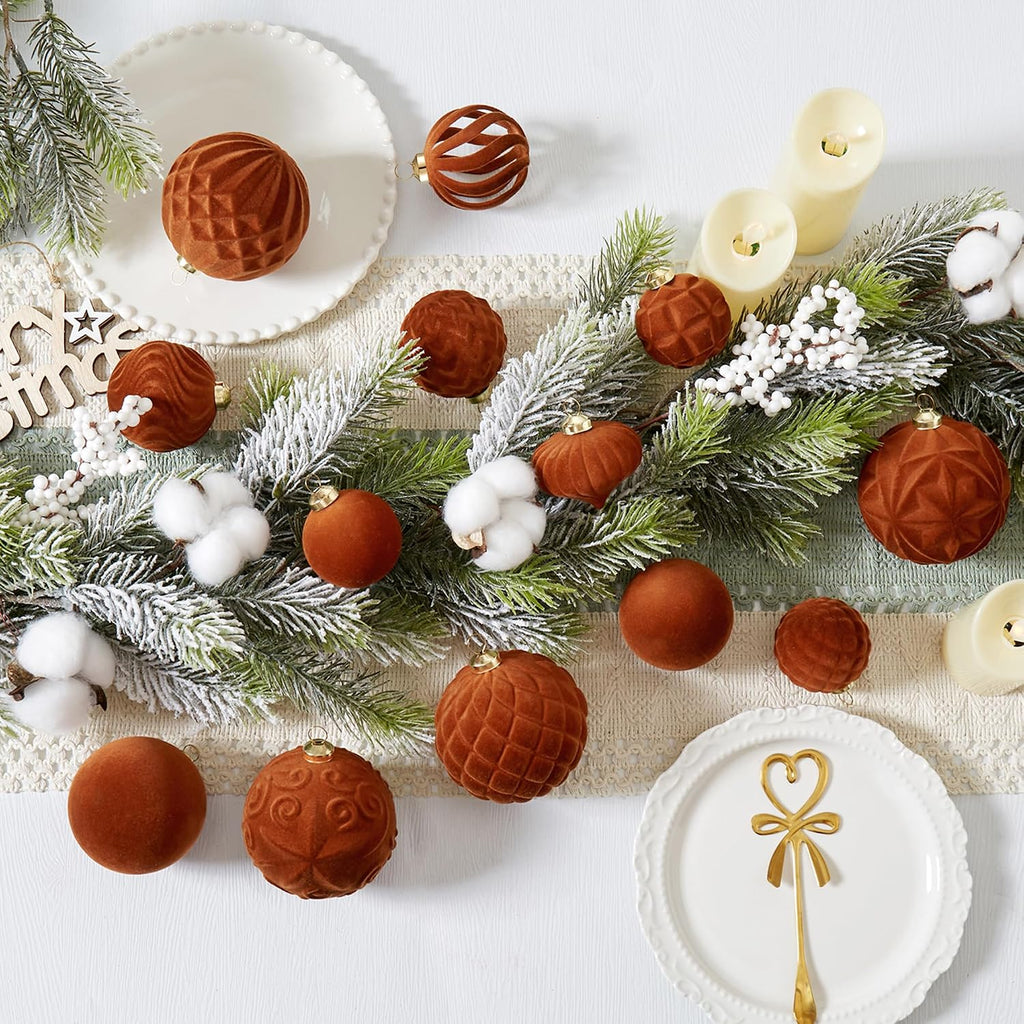 30pcs Velvet Christmas Ball Ornaments, Flocked Shatterproof Christmas Ornaments Hanging Xmas Tree Decorations Set for Home Party Holiday Decor (Multi-Size, Orange)