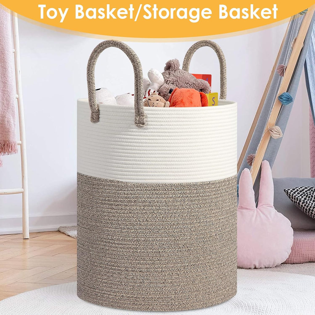 Large 60L Laundry Basket Hamper, Woven Cotton Rope Basket with Handles, Blanket Basket for Living Room, Baby Nursery, Bedroom & Bathroom, 15"D x 20"H Decorative Clothes Hamper, White/Brown