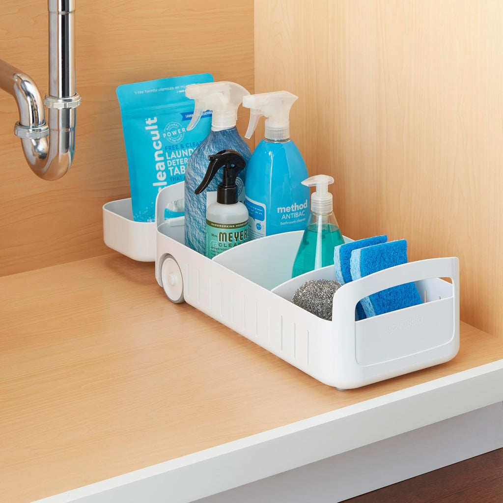 YouCopia RollOut Caddy Rolling Storage Bin with 2 Adjustable Dividers and Removable Basket for Kitchen and Bathroom Under Sink Organization, 8" Wide