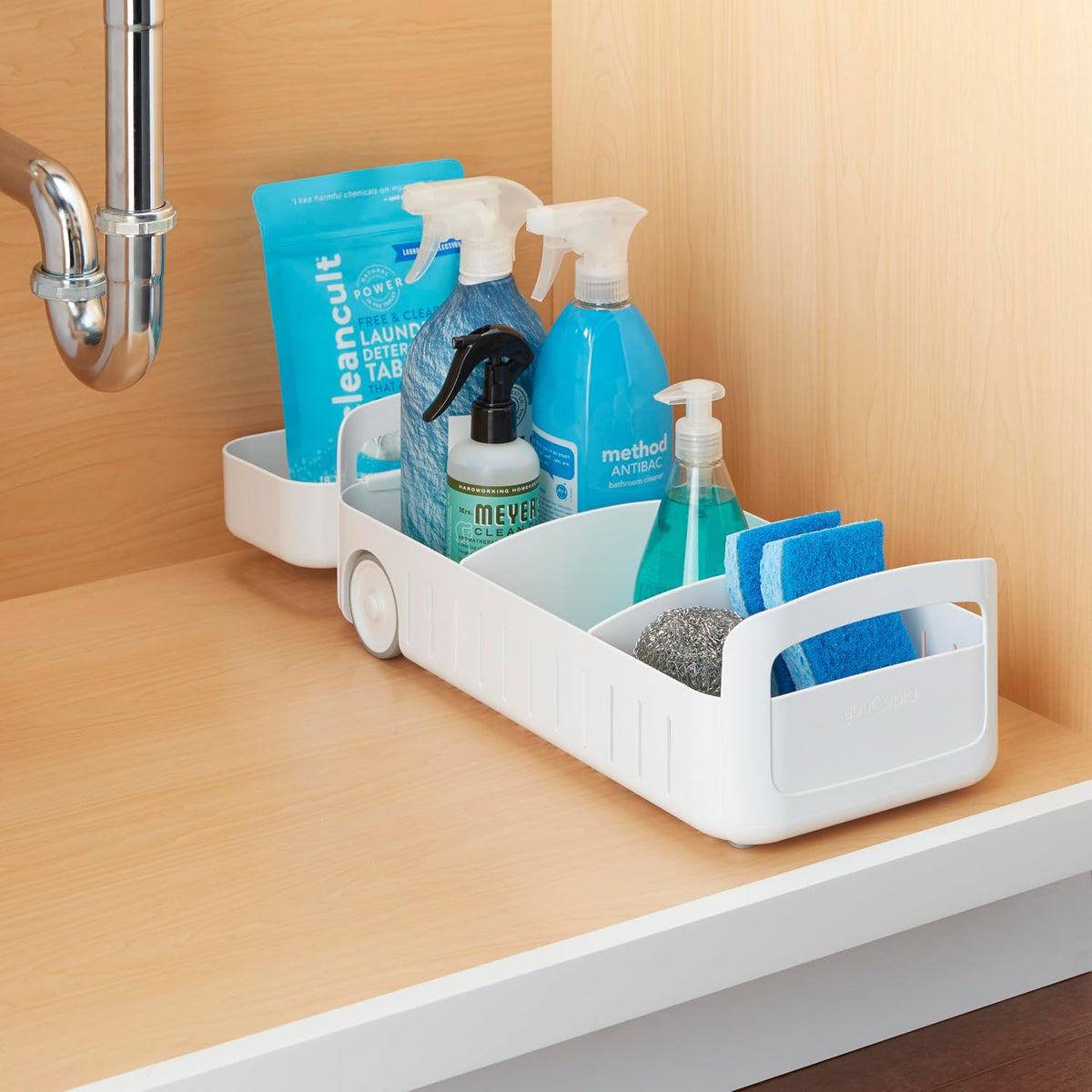 YouCopia RollOut Caddy Rolling Storage Bin with 2 Adjustable Dividers and Removable Basket for Kitchen and Bathroom Under Sink Organization, 8" Wide