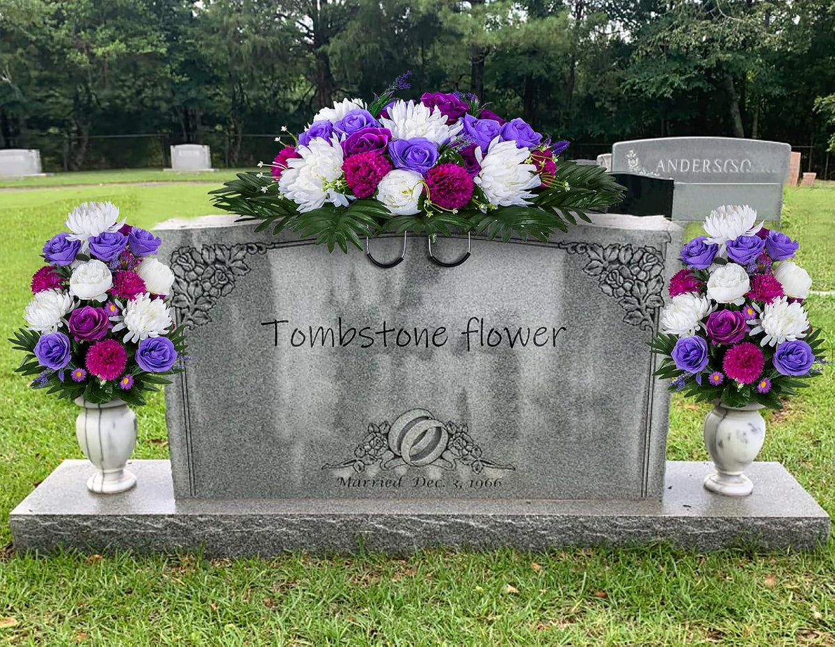 XONOR Artificial Headstone Flower Saddles for Graves, Cemetery Memorial Flowers for Outdoor Tombstone Decorations, Artificial Peony Rose Flowers Saddle (Purple&White, 1 Saddle 2 Bouquets)