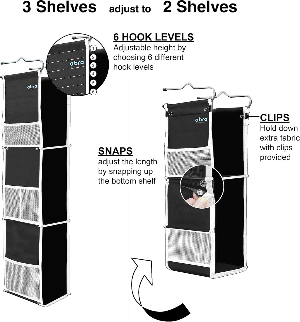 ABRA® 3 Shelf Hanging Locker Organizer for School, Work, Gym | Deep Shelves 6.5”x 9”| Eco-Friendly Fabric Healthy for Children | Adjustable School Locker Shelf from 3 to 2 Shelves (Black/White)