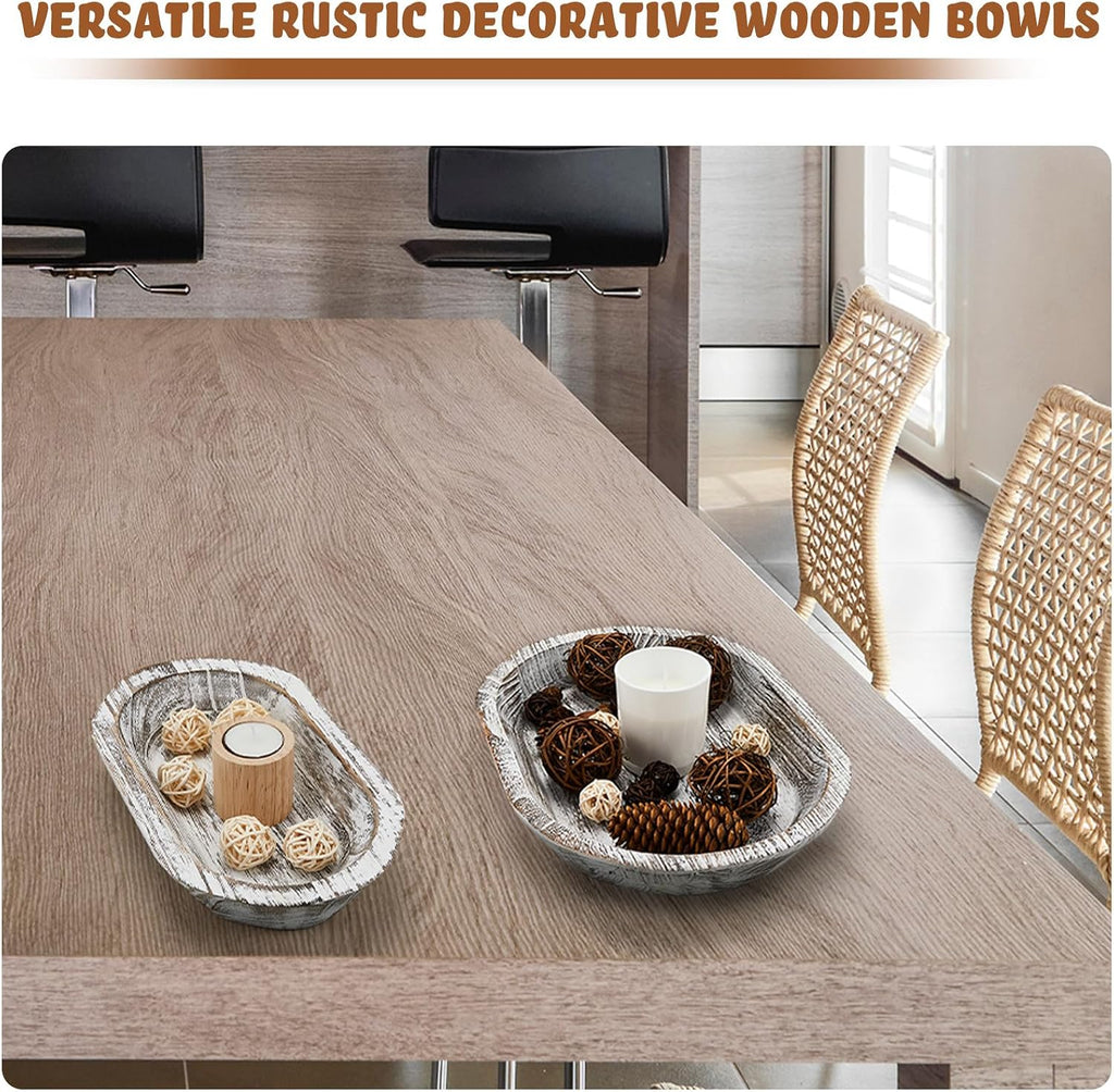2 Pcs Wooden Dough Bowl, 10 x 6 x 2 Inch, 14 x 10 x 2 Inch, White
