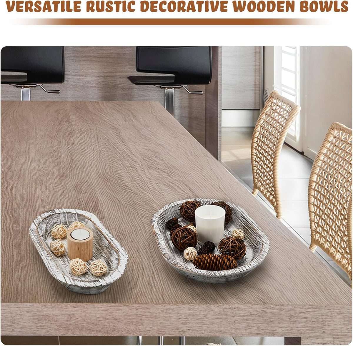 2 Pcs Wooden Dough Bowl, 10 x 6 x 2 Inch, 14 x 10 x 2 Inch, White