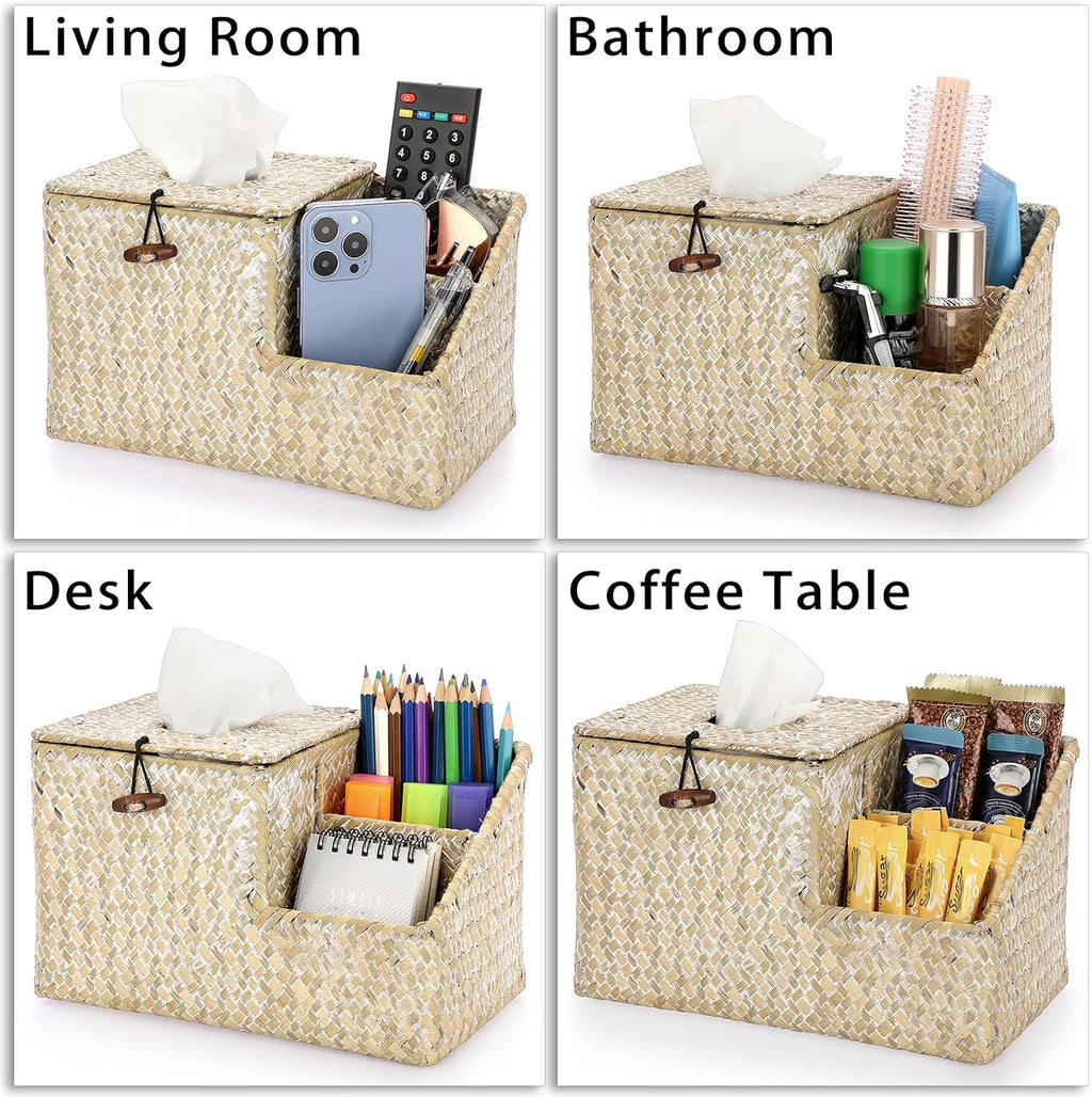 Sumnacon Tissue Box Cover-Square Woven Tissue Box Organizer for Desk Rustic Seagrass Tissue Box Holder with Side Organizer Decorative Cube Tissue Cover for Bathroom Home Office Table Counter Whitewash