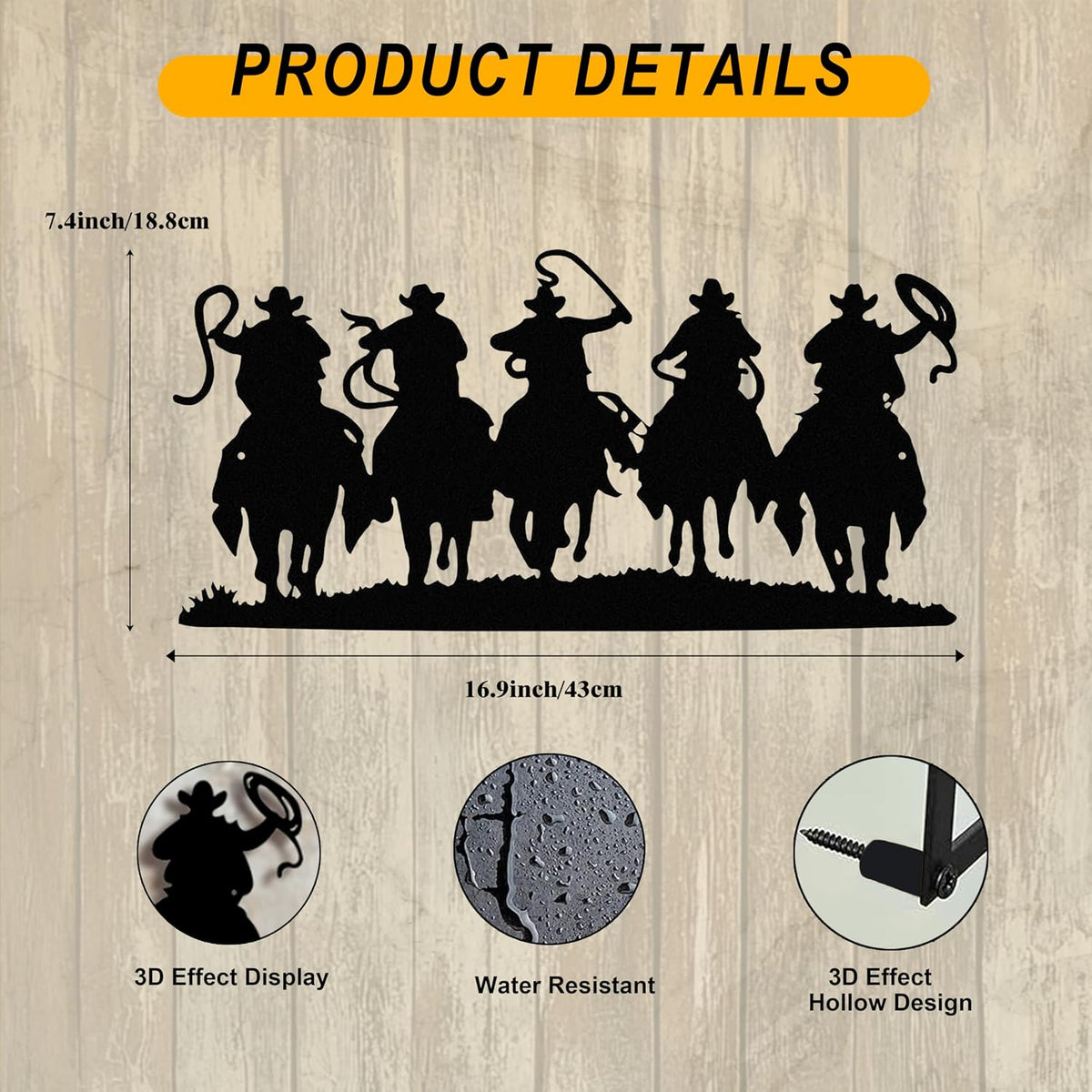 Black Metal Cowboy Wall Art, 3D Western Decor for Living Room, Rustic