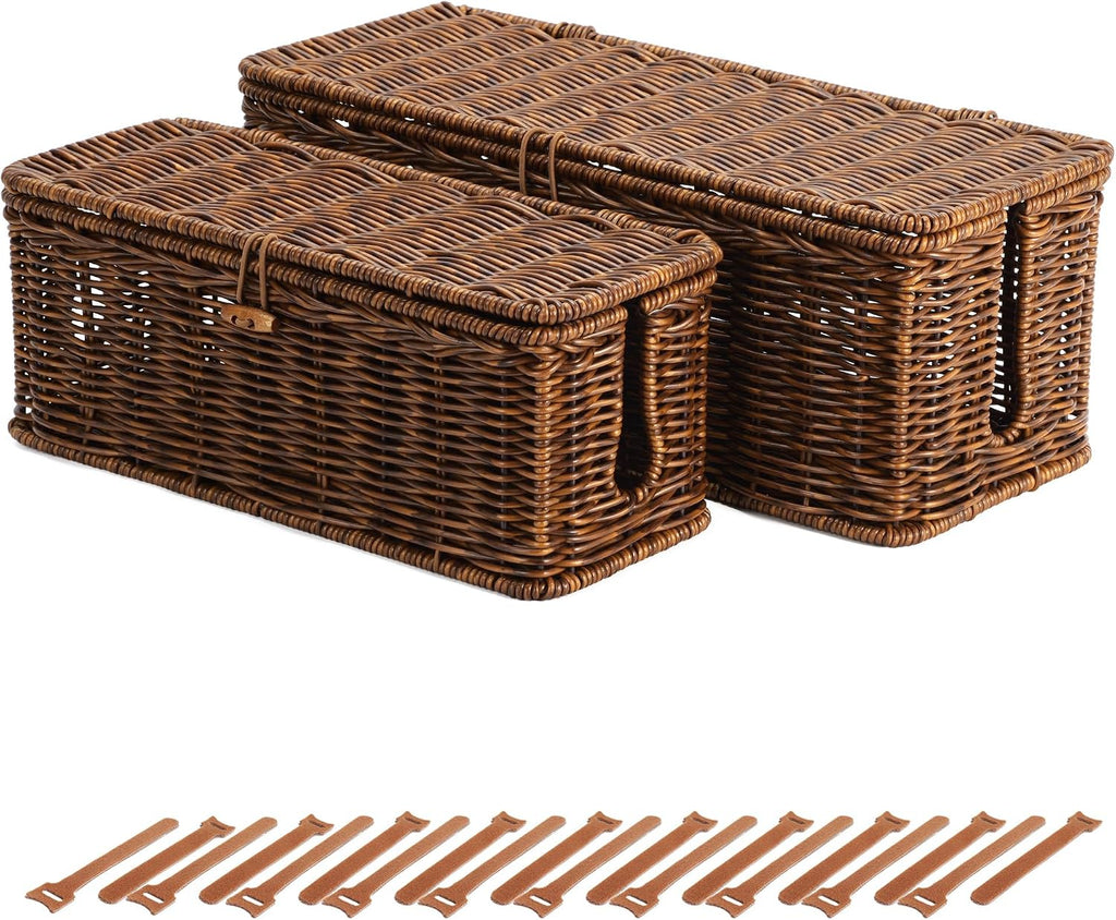 BROWNLILY Cable Management Box, Rattan Style Cord Organizer for Desk Cord Hider Outlet Covers for Power Strip Router Charger Under Desk Storage with Lockable Lid & Cable Ties(Braided Edging,Brown,Set)
