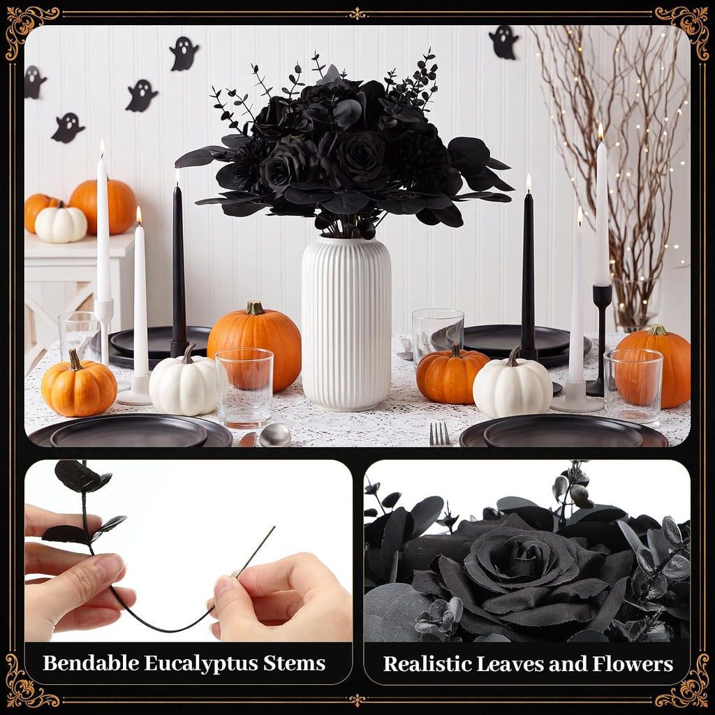 120 Pcs Black Artificial Eucalyptus Stems and Faux Flowers, Halloween