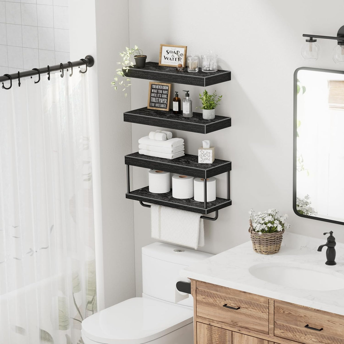 QEEIG Bathroom Floating Shelves Over Toilet (Black, Set of 3, 15.7")