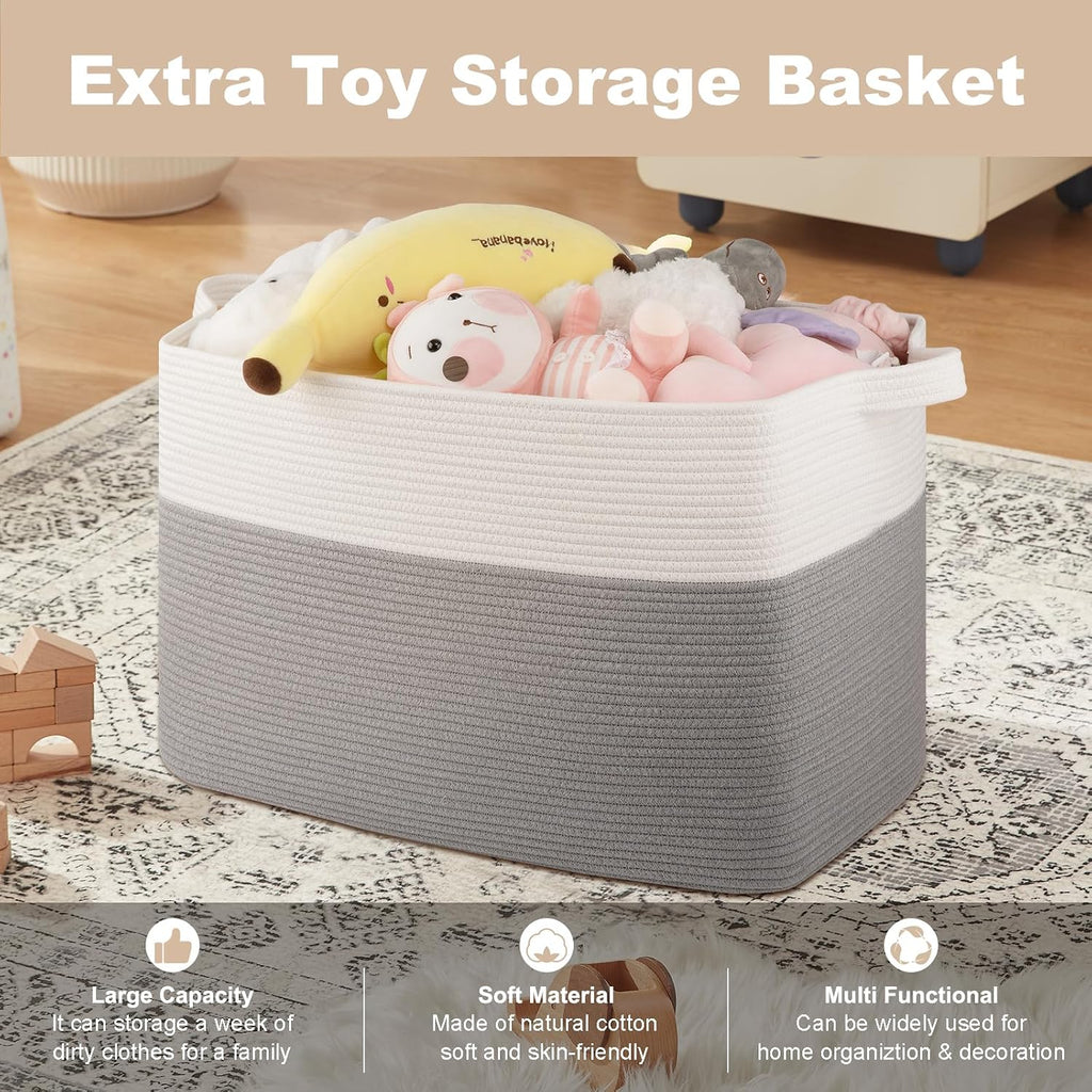 OIASKET 108L Cotton Rope Storage Basket for Living Room and Bedroom 25"x16"x16" Woven Laundry Basket, Heavy Duty Bin for Blankets, Pillows & Toys, Pet-Safe & Scratch-Free, Grey and White