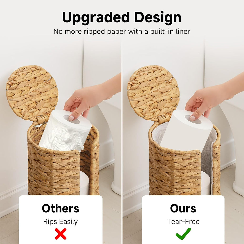 StorageWorks Water Hyacinth Free Standing Toilet Paper Holder Stand for Bathroom, 3 Rolls of Toilet Tissue Storage with a Built-in Cloth Lining, Toilet Roll Holder Stand with Lid (Pack of 2)