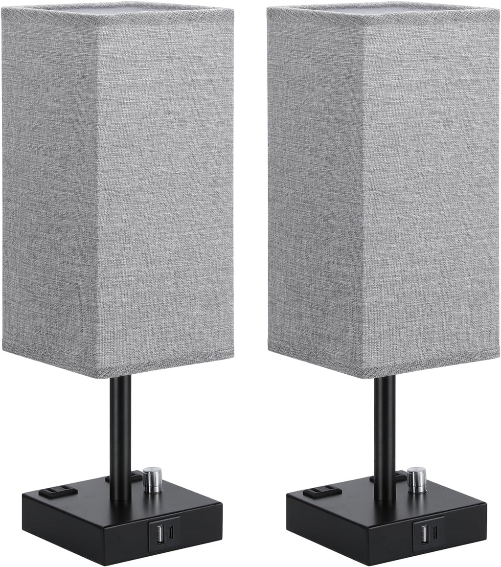 Grey Bedside Table Lamps Set of 2 - Dimmable, USB C+A, 2 AC Outlets