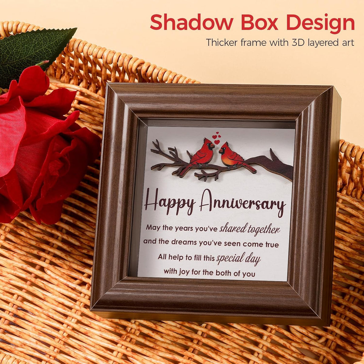 LukieJac Anniversary Cardinal Gifts for Couple - Romantic Anniversario Gift Ideas Wooden Shadow Box Frame for Friends, Sister, Parents, Couples, Grandparents Anniversary Keepsake