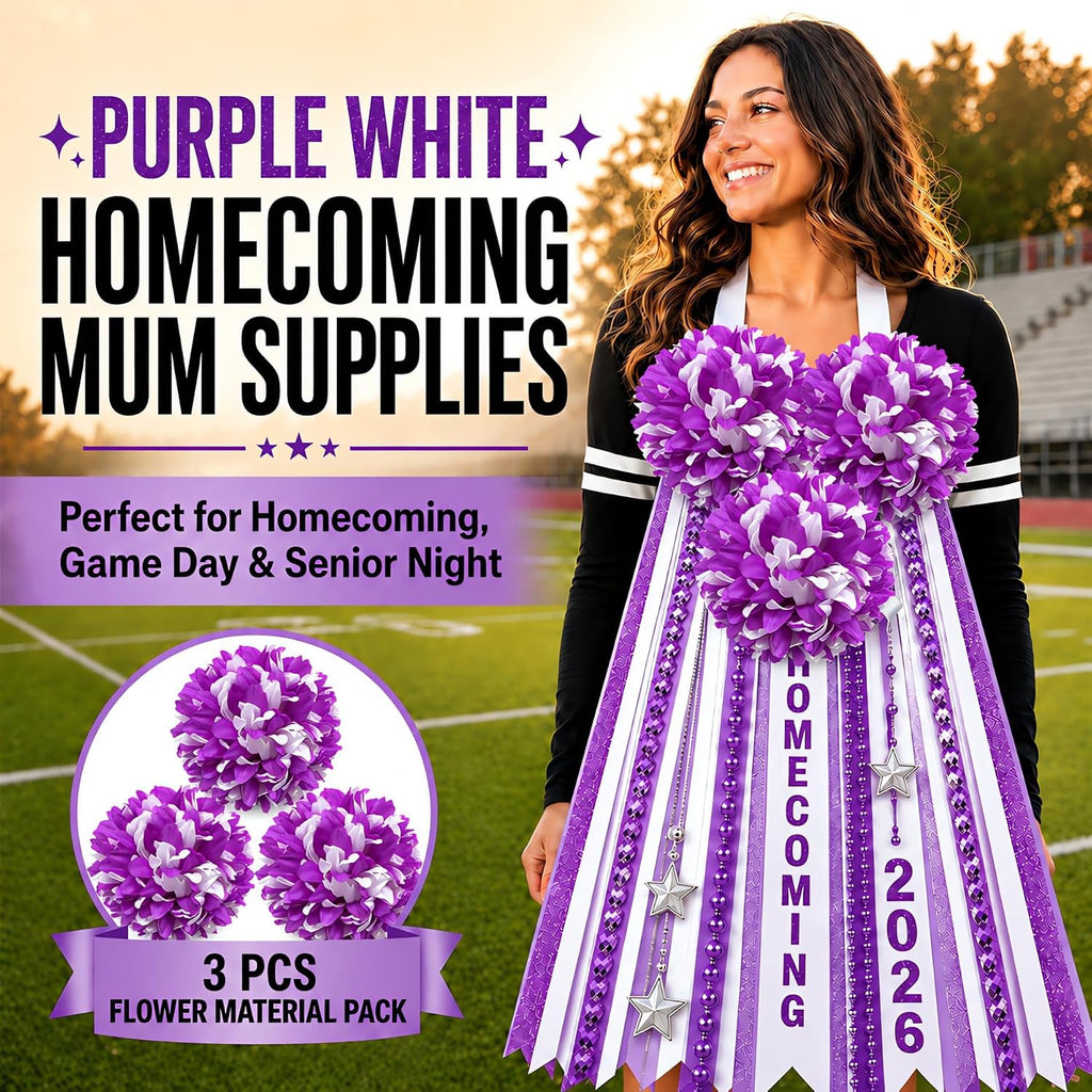 3Pcs Purple and White Homecoming Mum Flowers, 6.5Inch Artificial Mum Flower
