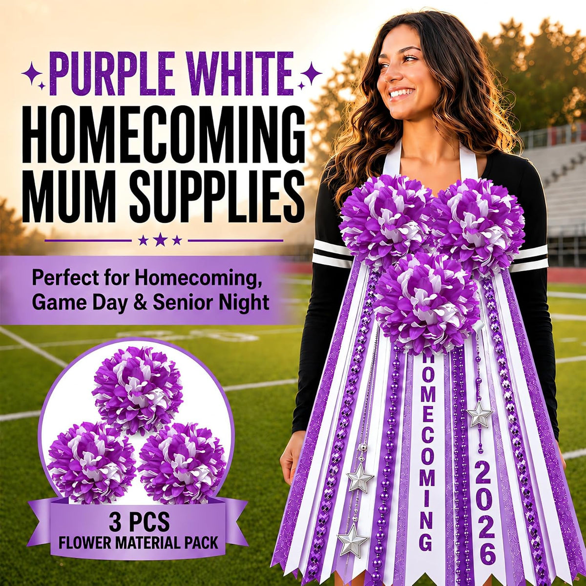 3Pcs Purple and White Homecoming Mum Flowers, 6.5Inch Artificial Mum Flower