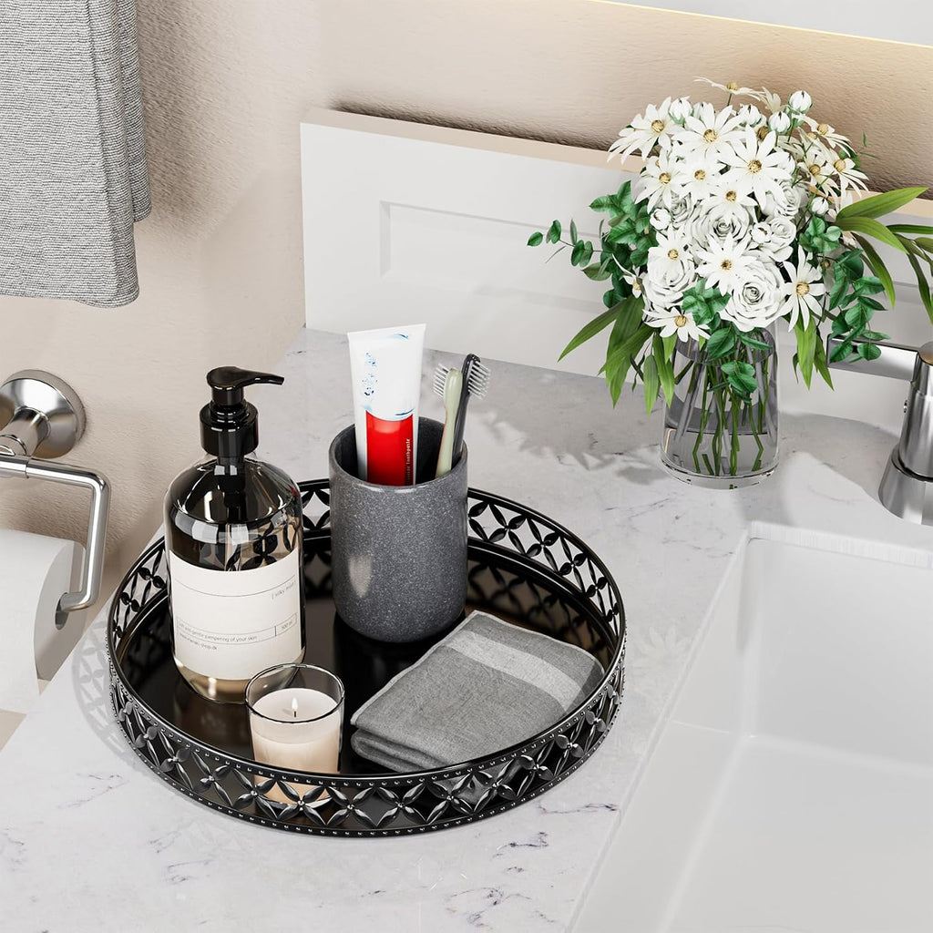 Vanity Tray for Bathroom Counter - 11 Inch Round Black Decorative Tray