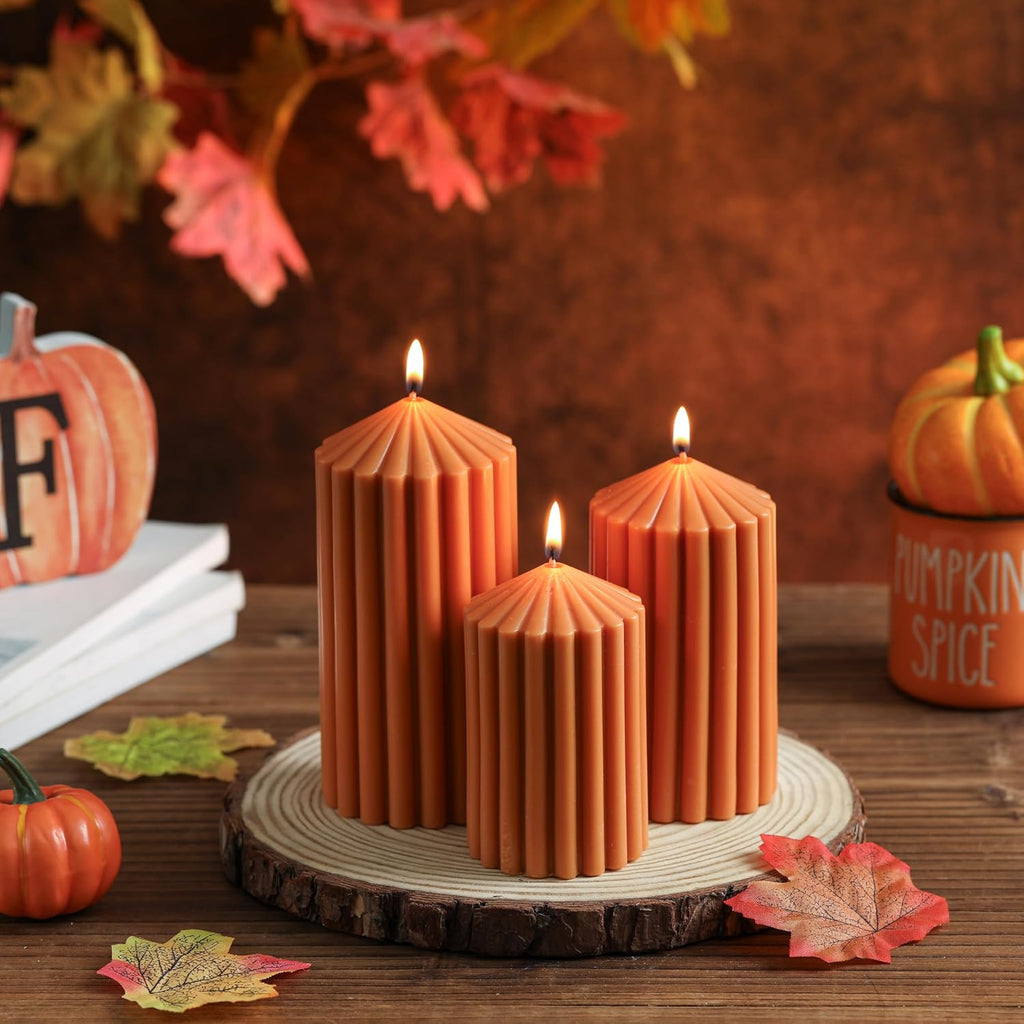 Brown Pillar Candles Set of 3, Fall Thanksgiving Candle Decor