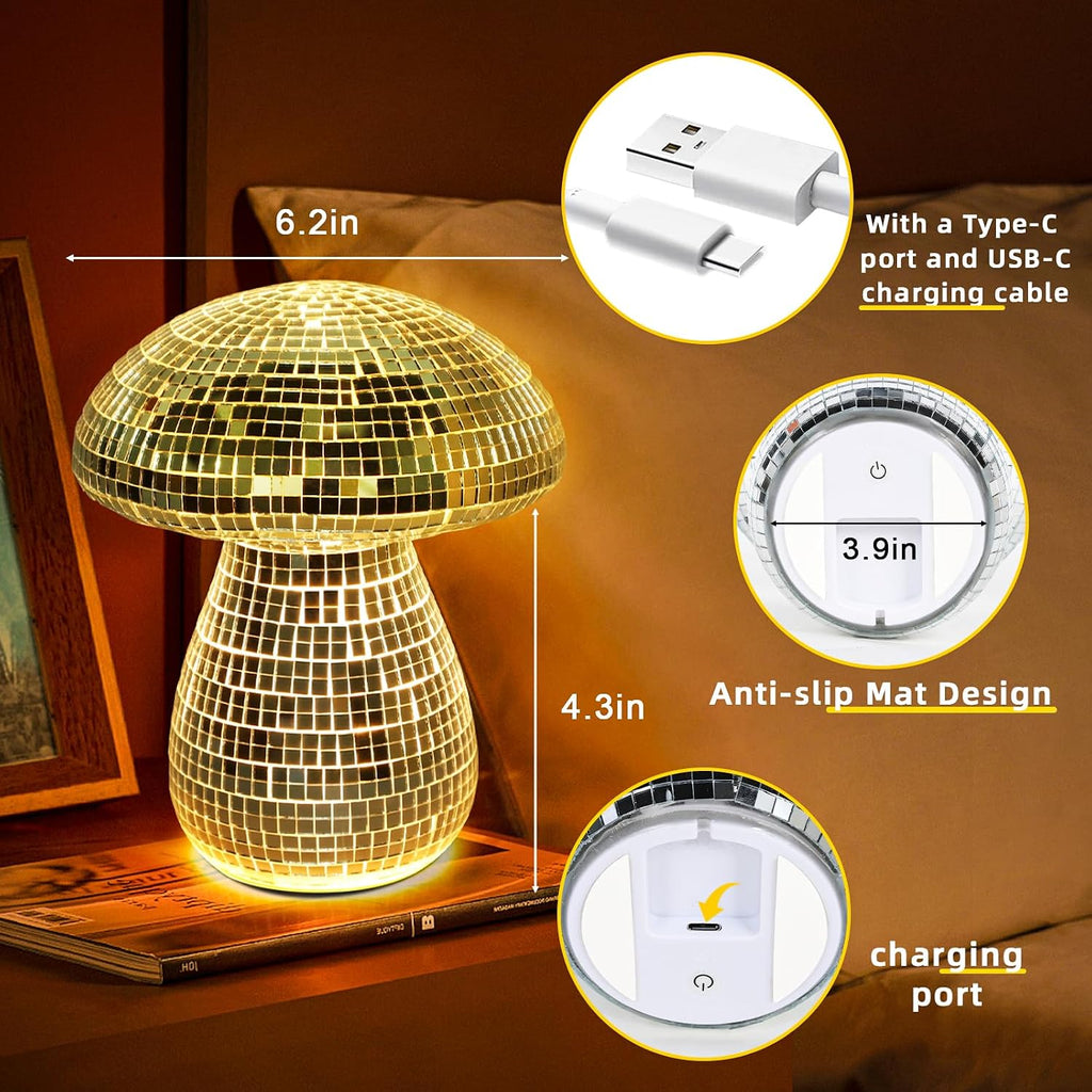 Mushroom Table Lamp Decor Light: Disco Glass Bedside Table Lamp with Rechargeable Cordless Touch - 5 Colors, 2 Mood Lighting - Cute Nightstand Lamp for Ambient, Kids, Bedroom, Living, Girl Gift