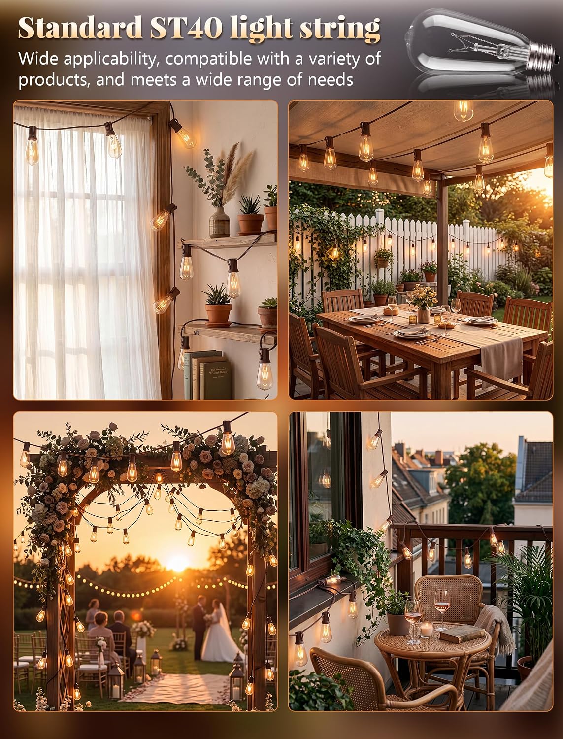 20Ft Outdoor Patio String Lights with 22 Clear Vintage Light Bulbs (2 Spare), E17 Base ST40 Outdoor Edison String Lights Waterproof UL Listed for Indoor Garden Backyard Party Porch Decor, 7W - Brown