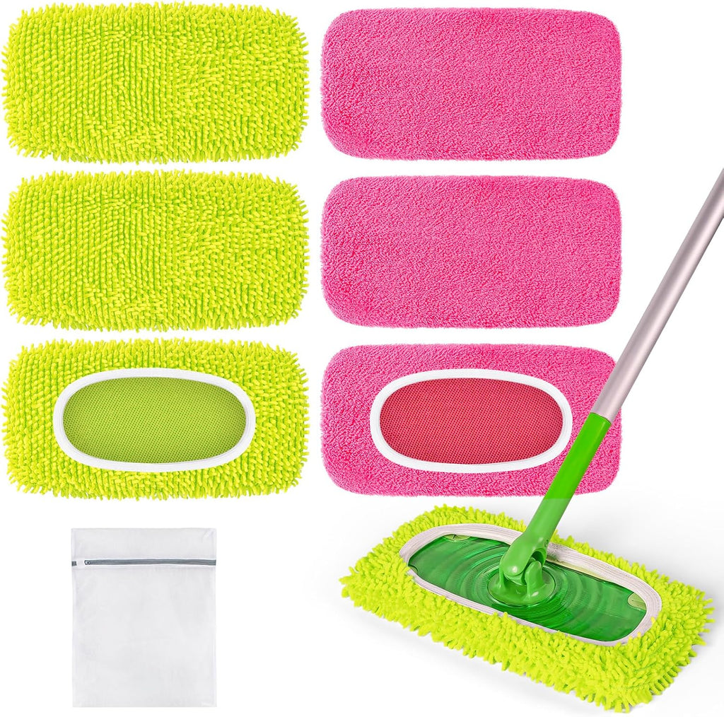 6 Pack Reusable Mop Pads for Swiffer, Washable Wet Pads Refill, Green&Pink