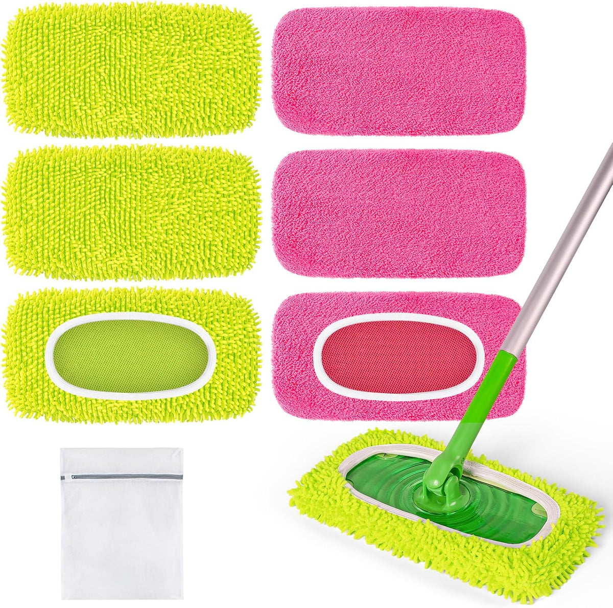 6 Pack Reusable Mop Pads for Swiffer, Washable Wet Pads Refill, Green&Pink