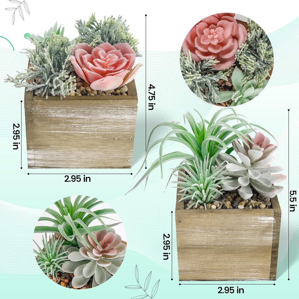 Der Rose 2 Pack Fake Succulents Plants in Wood Pots for Farmhouse Decor