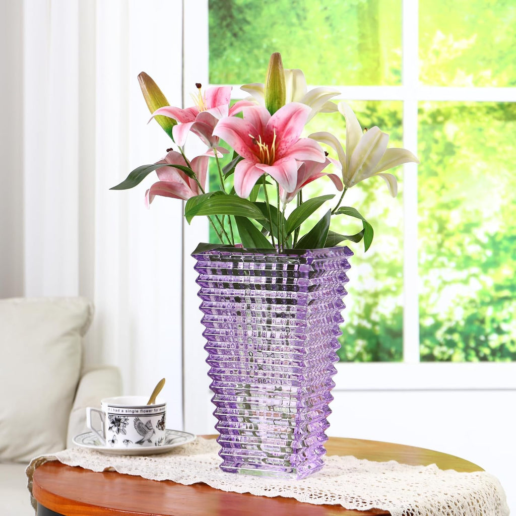 Crystal Glass Vase, Large Crystal Vases for Flowers, Large Flower Vase, Purple Modern Vases for Living Room, Bedroom, Kitchen, Dining Table, Mantle, Wedding, 11 Inches