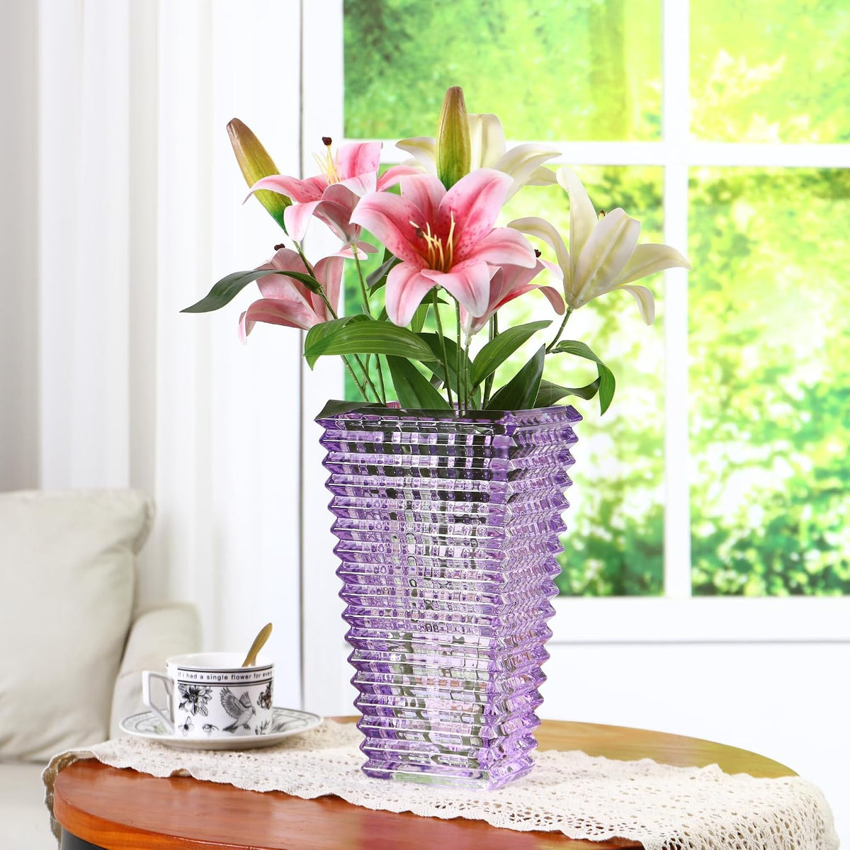 Crystal Glass Vase, Large Crystal Vases for Flowers, Large Flower Vase, Purple Modern Vases for Living Room, Bedroom, Kitchen, Dining Table, Mantle, Wedding, 11 Inches