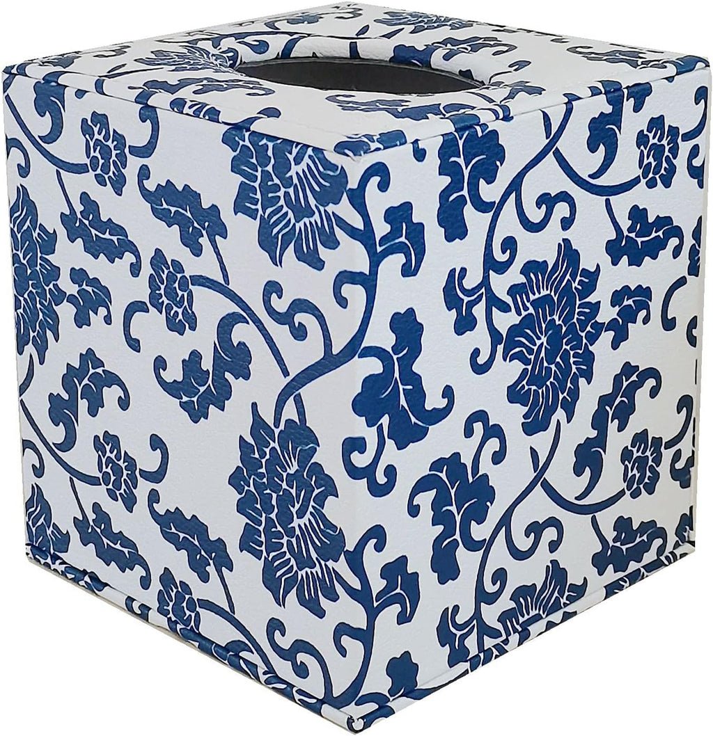S Forever Home Decor Flower Pattern Faux Leather Tissue Box Cover (Square,Blue and White Porcelain)