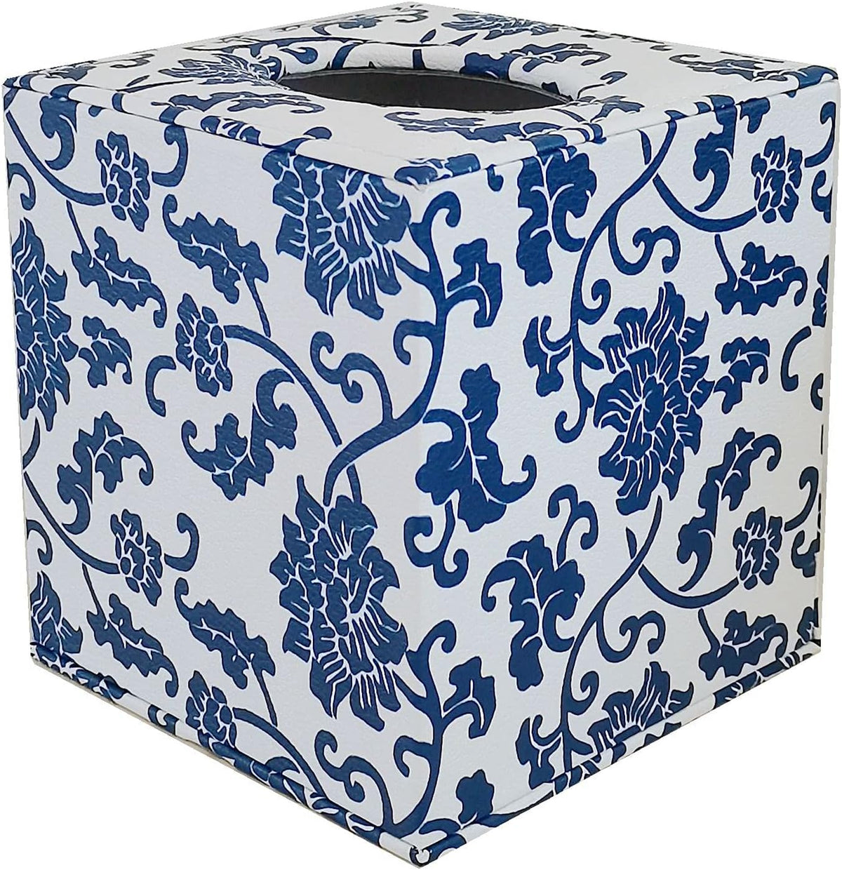 S Forever Home Decor Flower Pattern Faux Leather Tissue Box Cover (Square,Blue and White Porcelain)