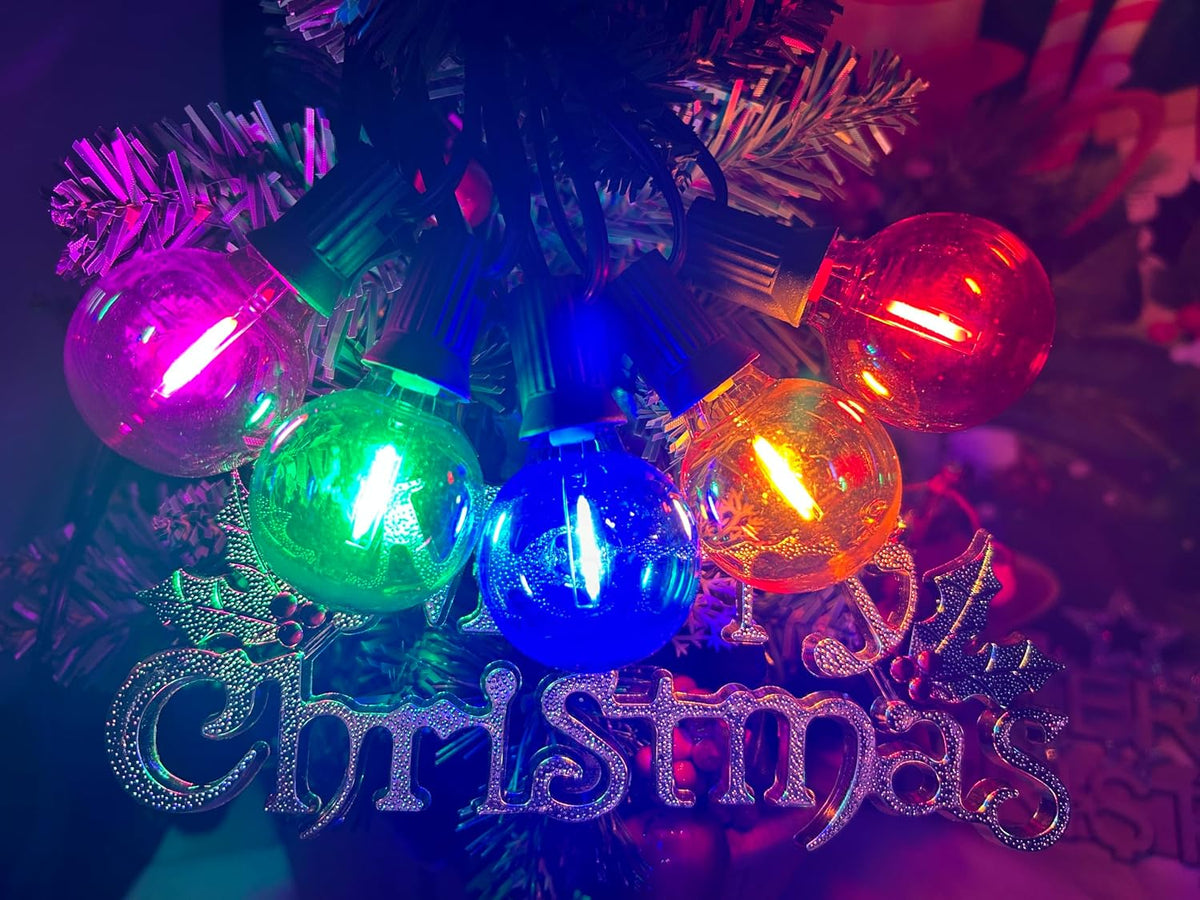 25 Pack G40 LED Multicolor Christmas Replacement Light Bulbs, 1 Watt E12/C7 Candelabra Base Plastic Shatterproof LED Globe Edison Bulbs for Indoor Outdoor Christmas String Lights, Clear Multicolor