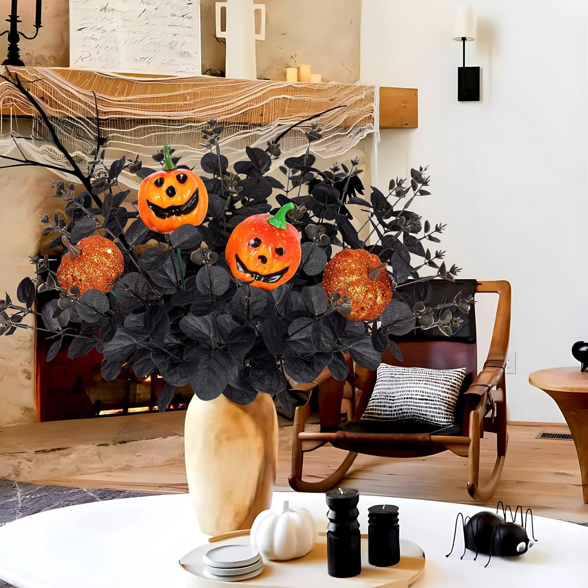Yen Jean 12PCS Black Halloween Pumpkin Decorations Indoor Artificial Fake Flowers: Eucalyptus Branches Stems Table Centerpieces Decor
