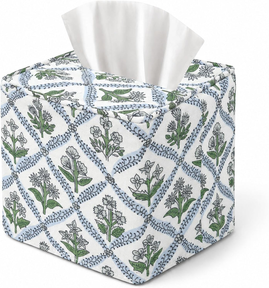 Livelab Cotton Handmade Print Tissue Box Cover – Fabric Decorative Square Napkin Holder, Stylish Tissue Case Facial Paper Cube Cover for Your Home, Officce, Car, Bathroom | Green Flower