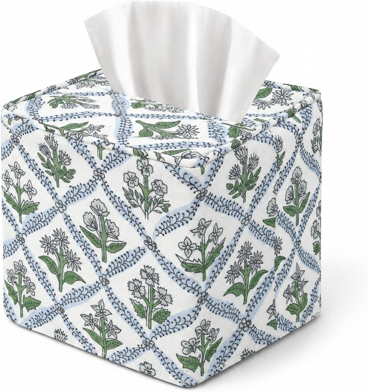 Livelab Cotton Handmade Print Tissue Box Cover – Fabric Decorative Square Napkin Holder, Stylish Tissue Case Facial Paper Cube Cover for Your Home, Officce, Car, Bathroom | Green Flower