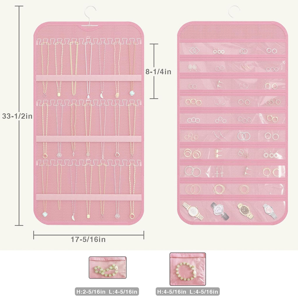 Double-Sided Hanging Jewelry Organizer for Necklaces Earrings, 2-Pack, Pink
