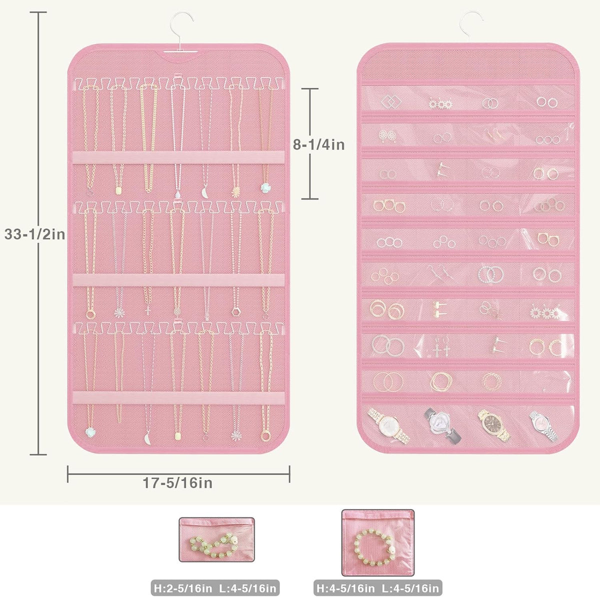 Double-Sided Hanging Jewelry Organizer for Necklaces Earrings, 2-Pack, Pink
