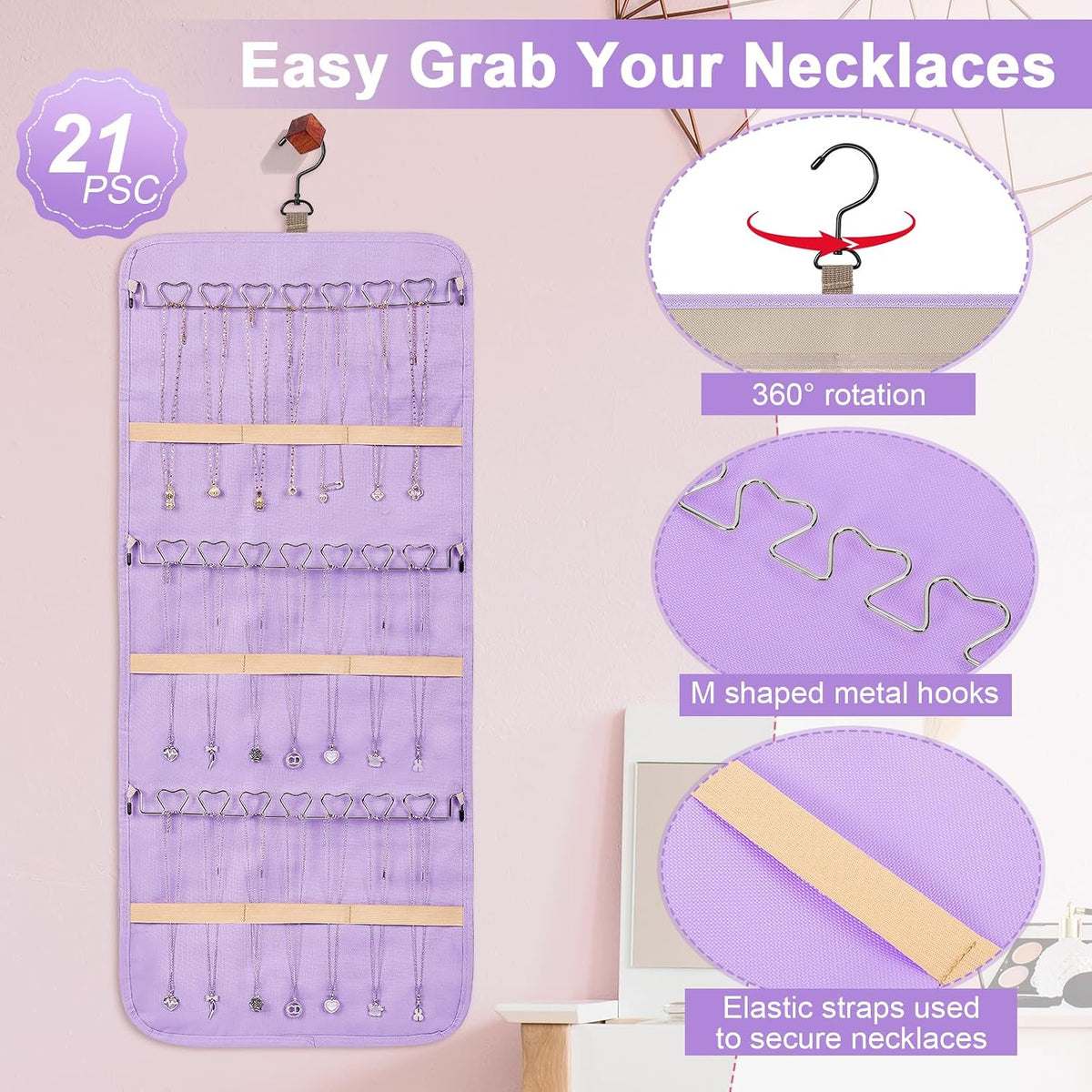Dynoro Double-Sided Hanging Jewelry Organizer, Lavender Storage Roll for Earrings, Necklaces, Rings, 48 Pockets 21 Hooks, Durable Oxford Fabric for Closet, Wall, Door, 1 piece, Jewelry Not Included