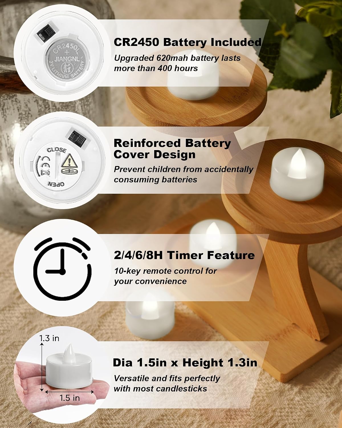 BEICHI 12Pcs Flameless LED Tea Lights with Remote & Timer,White Base,400Hrs