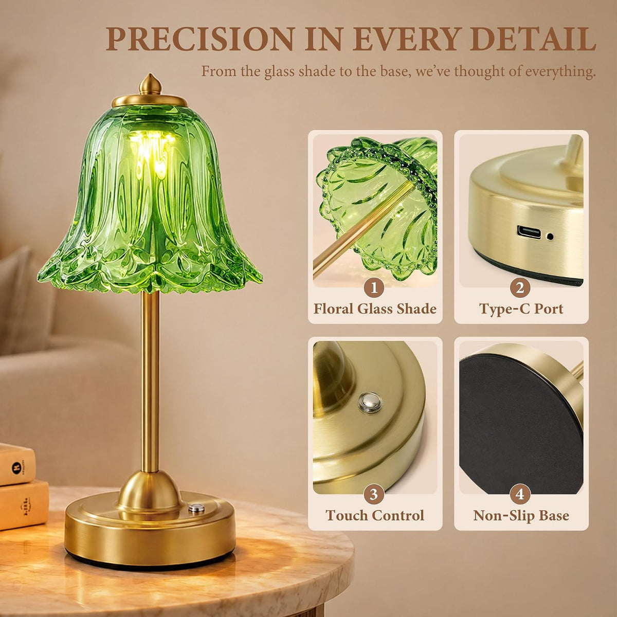 Cordless Table Lamp, Rechargeable Battery Operated Flower Touch Lamp, Green