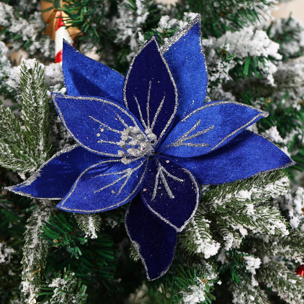 10.2’’ Large Glitter Christmas Flowers 6 Pcs Artificial Poinsettia Flower Velvet Christmas Tree Flower Ornaments Fold Floral for Christmas Decorations New Year Party Wedding (Blue)