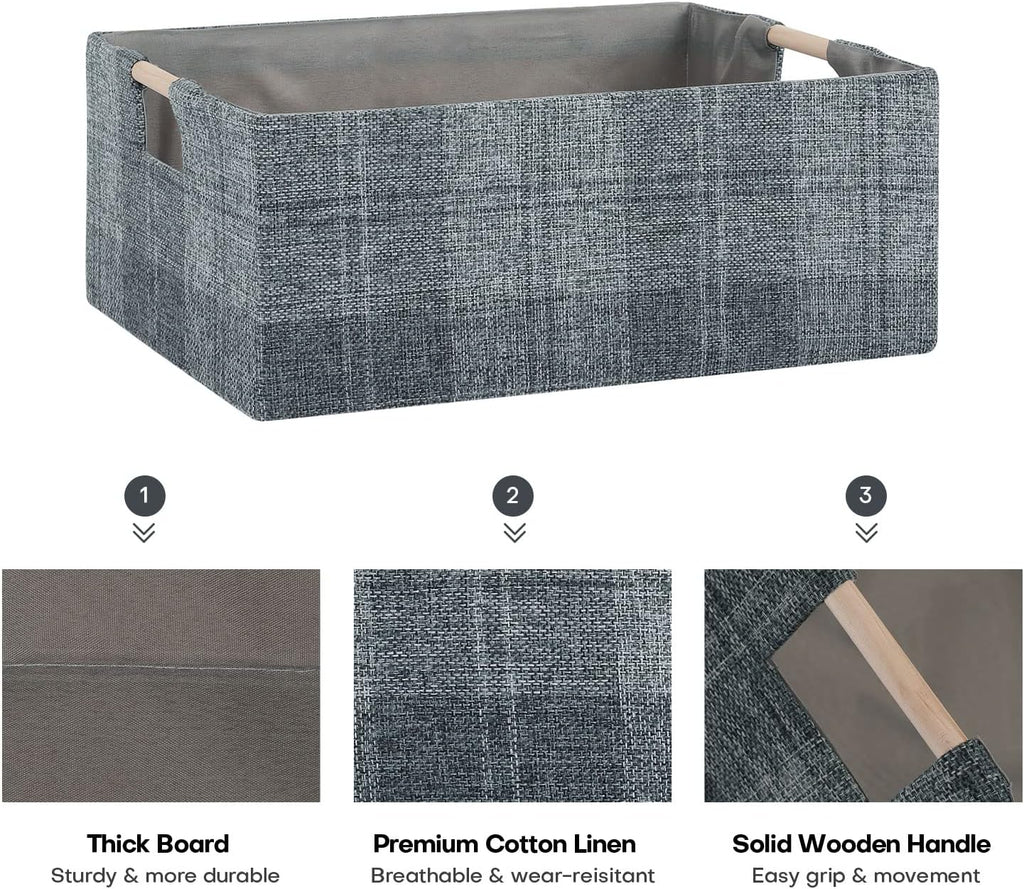 Fabric Storage Box, 15x11in Foldable Cotton Linen Basket with Wooden Handle
