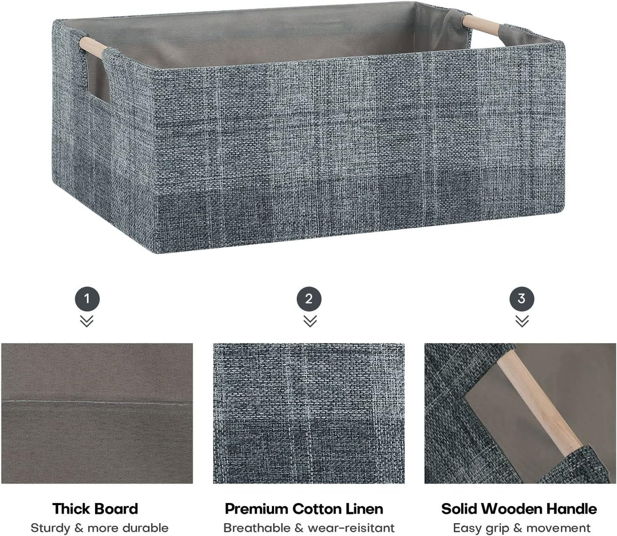 Fabric Storage Box, 15x11in Foldable Cotton Linen Basket with Wooden Handle