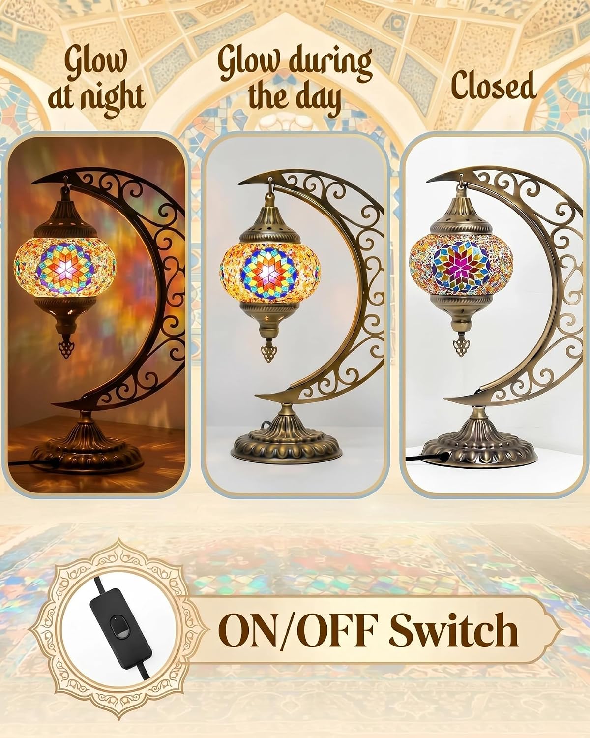 Hortsun Turkish Lamp Moon Shaped Moroccan Lamp Turkish Mosaic Stained Glass Table Light with Bronze Base Colorful Moroccan Globe Light for Decorative Home Designs