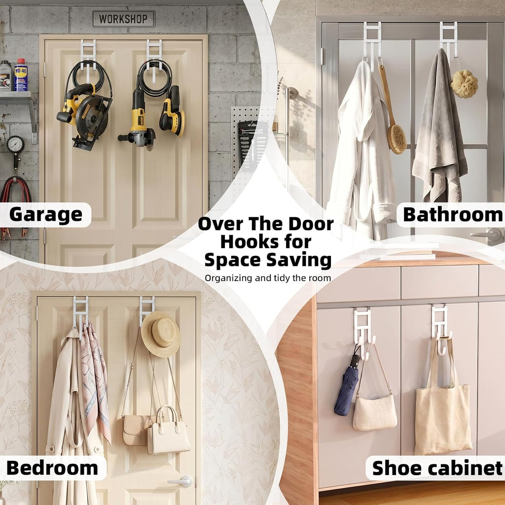 2 Packs Over-the-Door Hooks, Fits 1 1/2 Inch Interior Doors, No Installation Required, 100 Lb Heavy Duty with Rubber Anti-Scratch, Space-Saving Hangers for Bathroom, Bedroom, Kitchen, Office, White