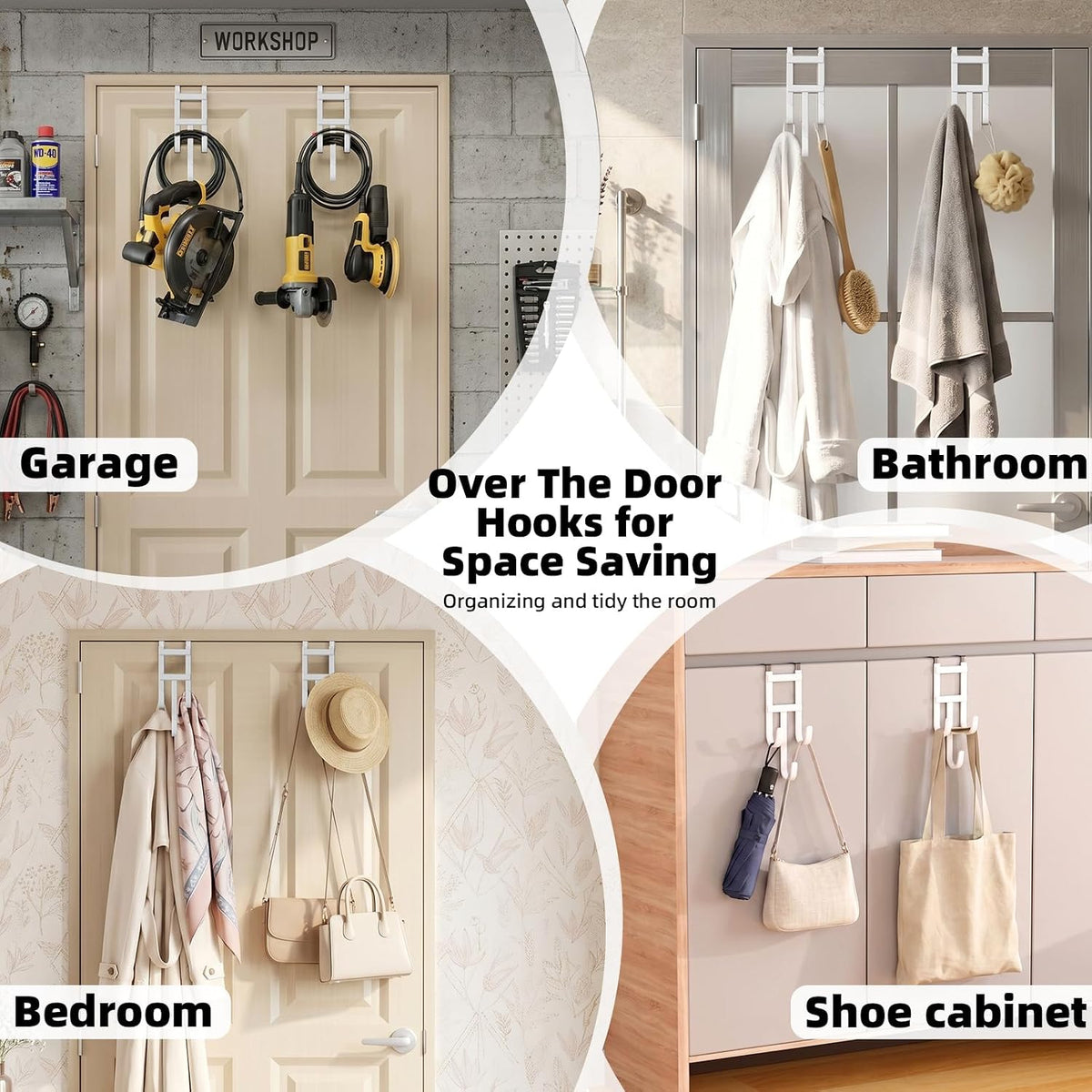 2 Packs Over-the-Door Hooks, Fits 1 1/2 Inch Interior Doors, No Installation Required, 100 Lb Heavy Duty with Rubber Anti-Scratch, Space-Saving Hangers for Bathroom, Bedroom, Kitchen, Office, White