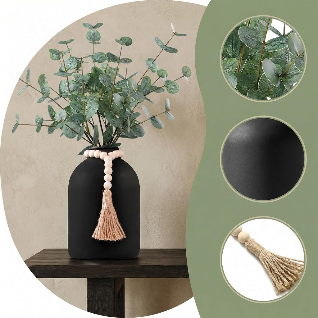 6 Pcs Artificial Eucalyptus Stems in Large Black Vase ,18" Artificial Greenery Stems Centerpieces Fake Eucalyptus Stems 9 in Tall Vase Home Decor Coffee Table Kitchen Table Centerpieces Decor (Black)